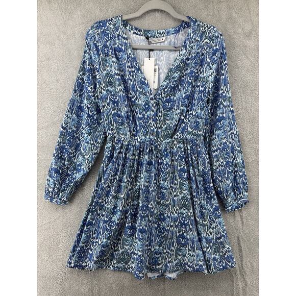 Zara Dress XS Blue White Animal Print Mini A-Line V-Neck Long Ballon Sleeves NWT - Picture 1 of 14